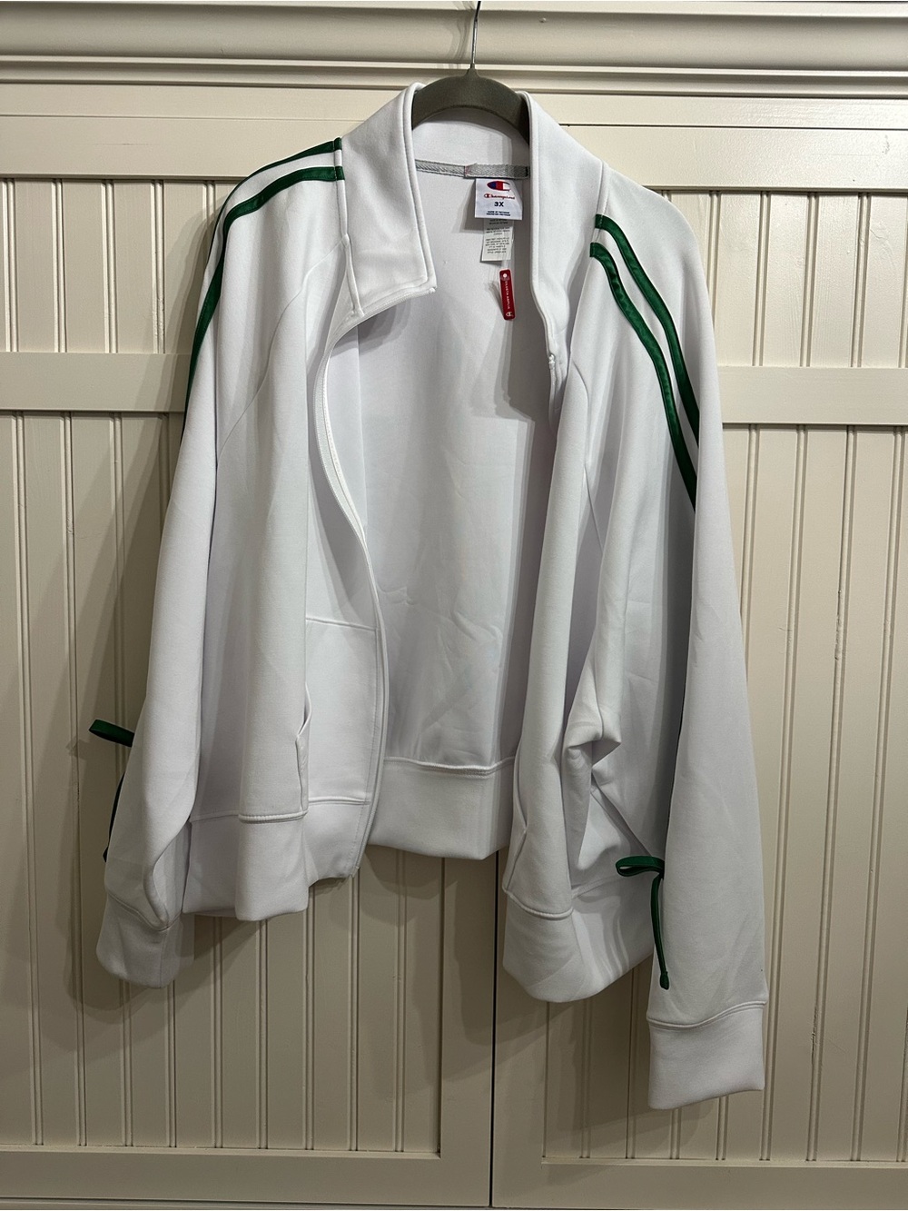 Champion White Track Jacket”In the Stands” with Green Stripe Bow Accents Size 3X